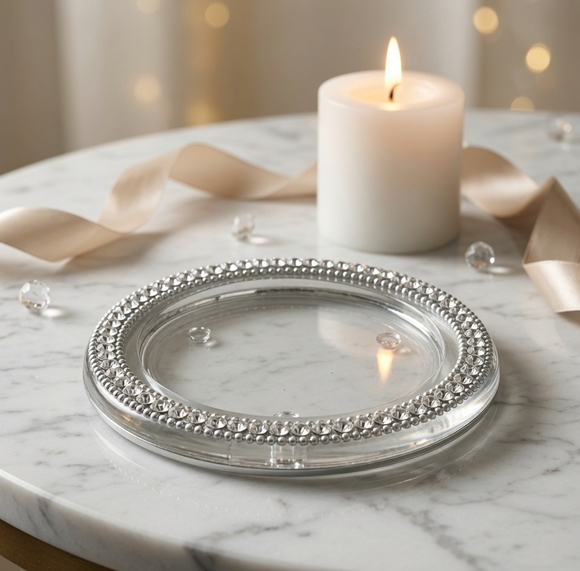 Unbranded Other - Crystal Rhinestone Beaded Glass Pillar Candle Plate Holder Round 4.25" Silver VG